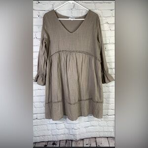 Vanessa Zani Italy 100% Cotton Sand‎ Beige Empire Waist Babydoll Dress Lined L